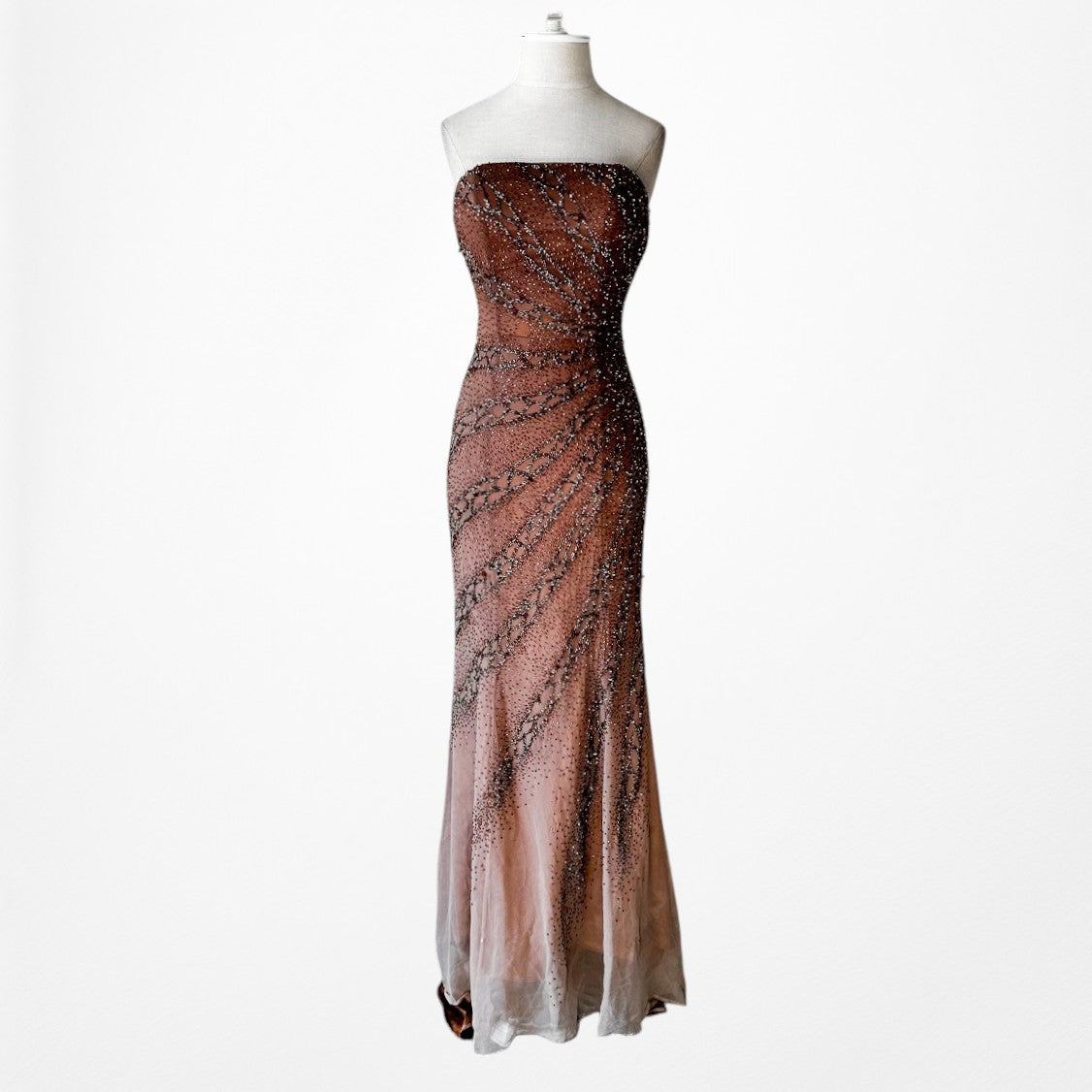 Vintage Y2K Brown Ombre Beaded Strapless Silk Bodycon Maxi Prom Dress Size XS/S