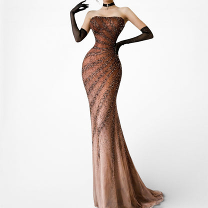 Vintage Y2K Brown Ombre Beaded Strapless Silk Bodycon Maxi Prom Dress Size XS/S