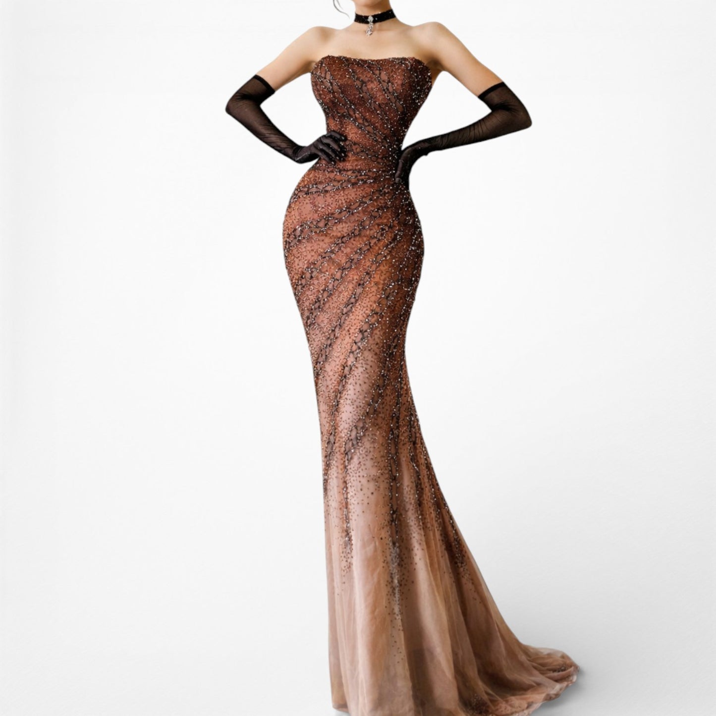Vintage Y2K Brown Ombre Beaded Strapless Silk Bodycon Maxi Prom Dress Size XS/S