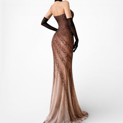 Vintage Y2K Brown Ombre Beaded Strapless Silk Bodycon Maxi Prom Dress Size XS/S