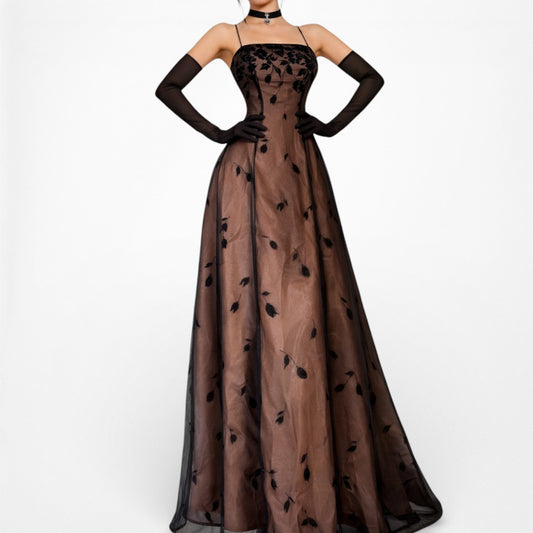 Vintage Y2K Brown Fit Flared Floral Print Velvet Mesh Formal Prom Dress Size S