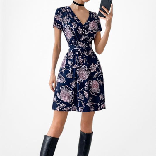 Vintage Y2K Blue Pink Knit Short Sleeve Wrap Knee Length A-Line Dress Size M