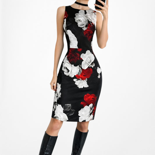 Vintage Y2K Black White Floral Sleeveless Knit Knee Length Bodycon Dress Size M