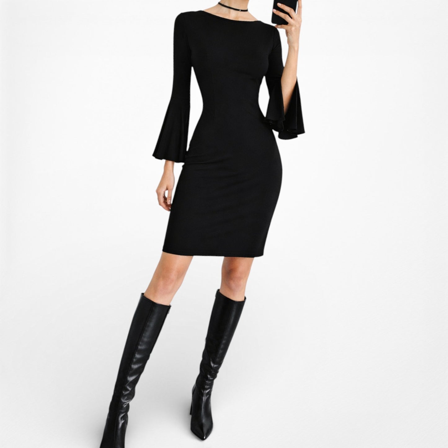 Vintage Y2K Black Long Bell Sleeves Knee Length Knit Bodycon Dress Size M