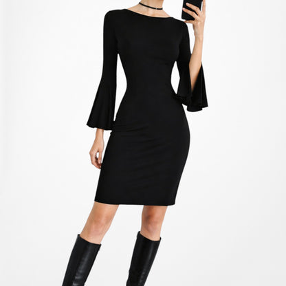 Vintage Y2K Black Long Bell Sleeves Knee Length Knit Bodycon Dress Size M
