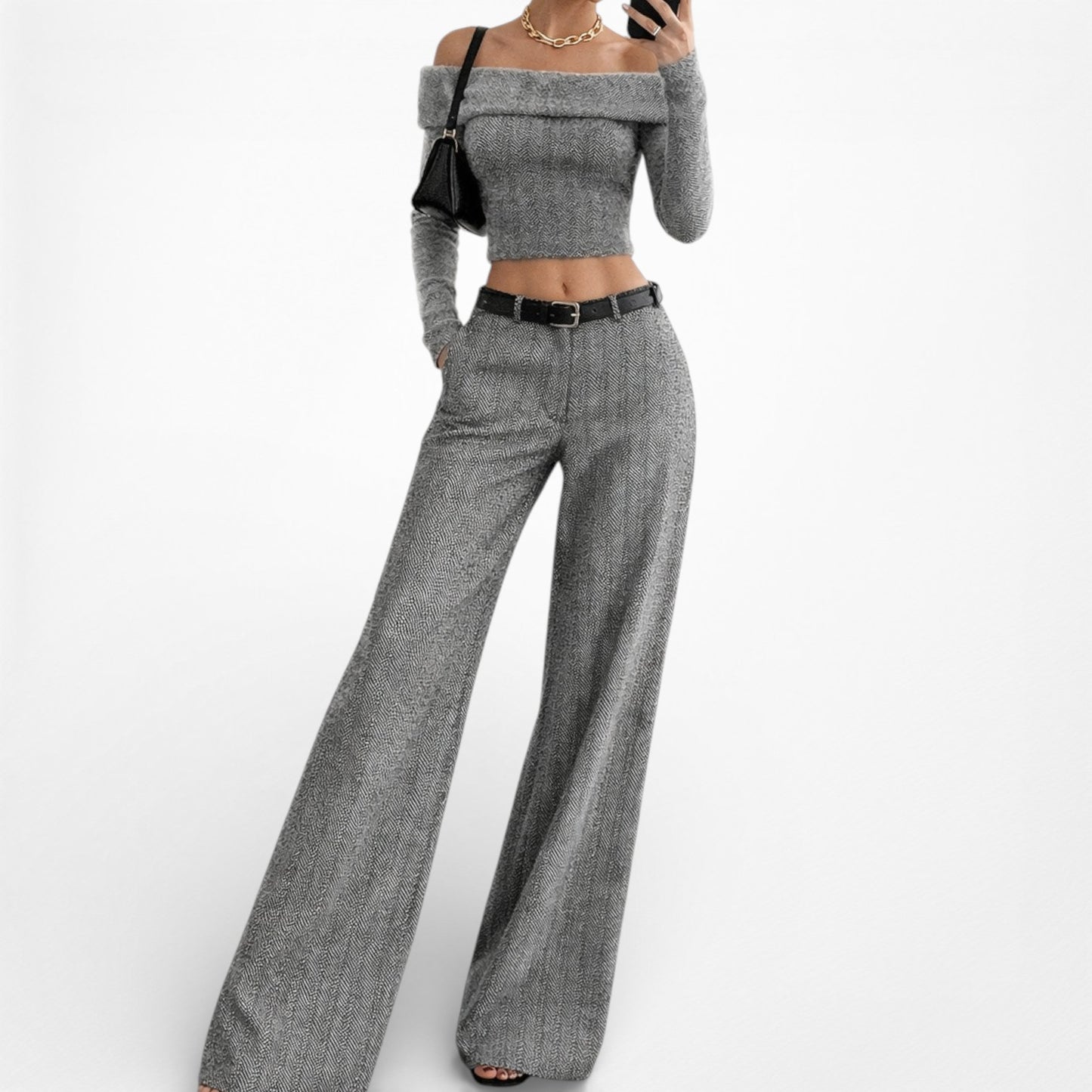 Vintage Y2K Gray Wool Blend Tweed Style Wide Leg Petite Dress Pants Size M