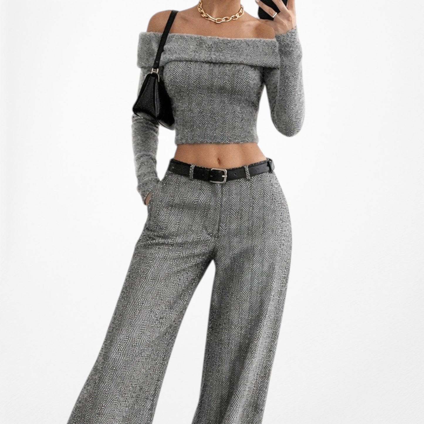 Vintage Y2K Gray Wool Blend Tweed Style Wide Leg Petite Dress Pants Size M