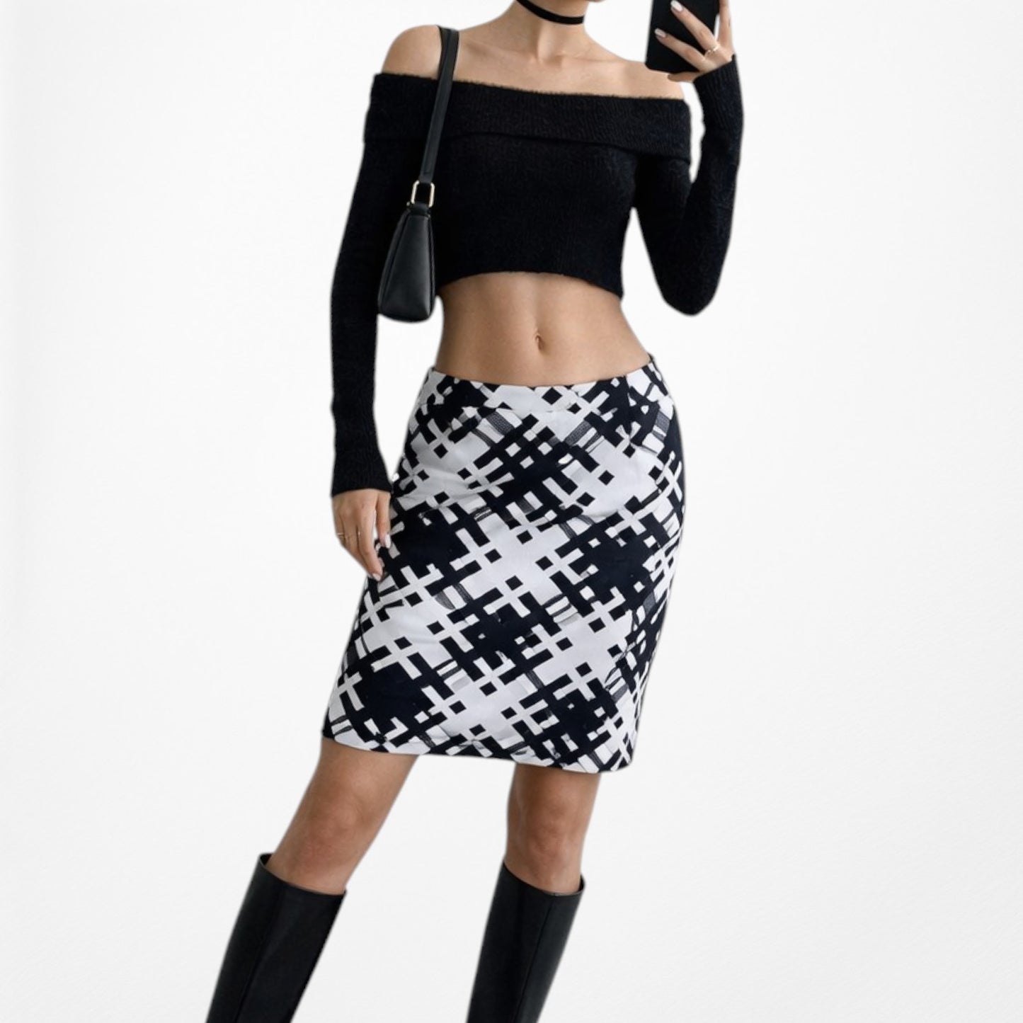 Vintage Y2K White Blue Zipper Detail Knee Length Bodycon Pencil Skirt Size S/M