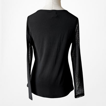 Vintage Y2K Black Knit Pullover Long Sheer Sleeve Twisted Front Fitted Top M