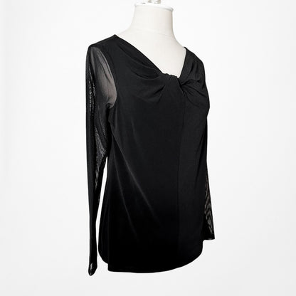 Vintage Y2K Black Knit Pullover Long Sheer Sleeve Twisted Front Fitted Top M
