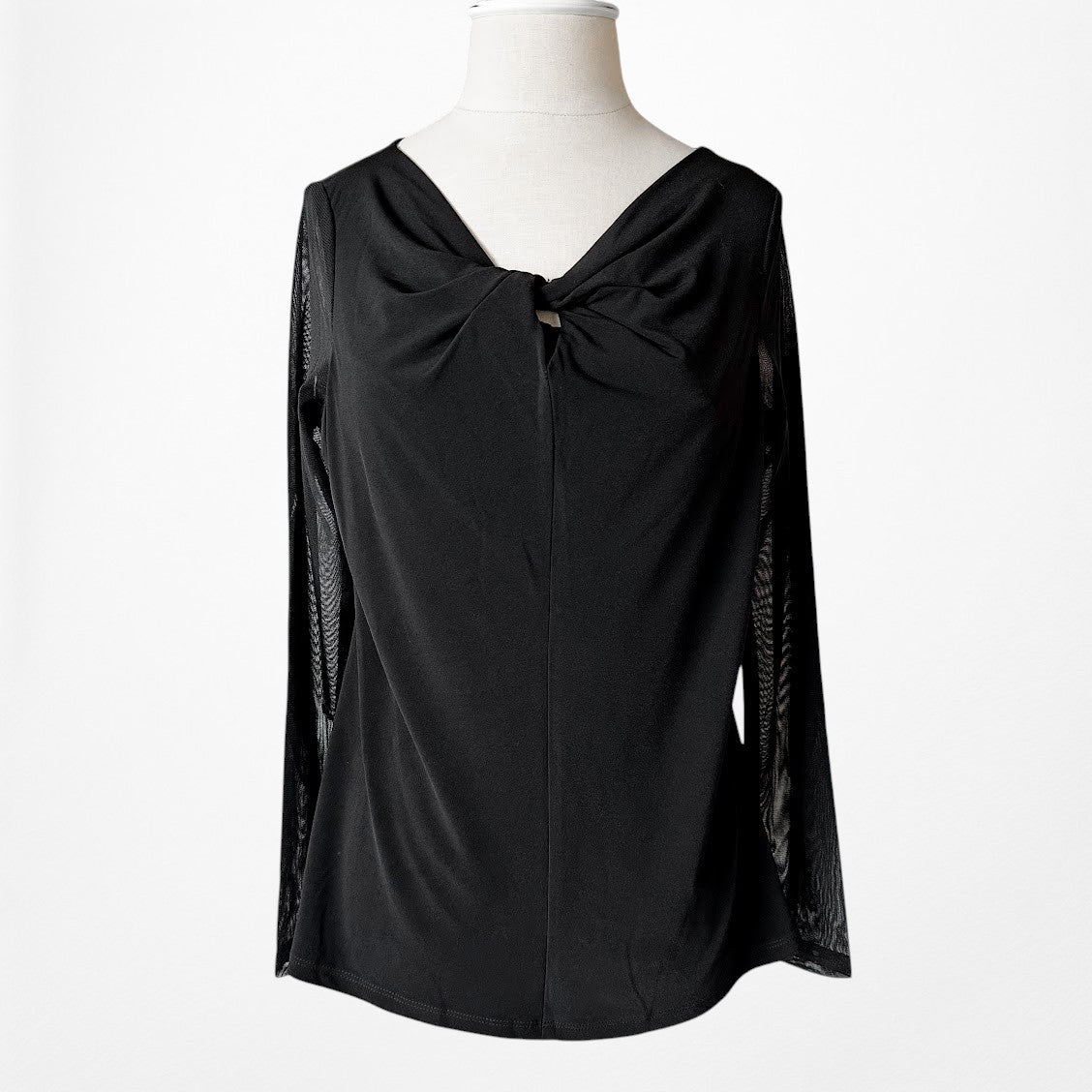 Vintage Y2K Black Knit Pullover Long Sheer Sleeve Twisted Front Fitted Top M