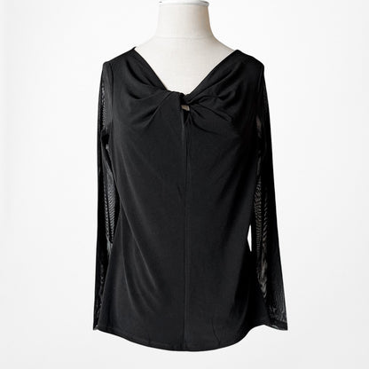 Vintage Y2K Black Knit Pullover Long Sheer Sleeve Twisted Front Fitted Top M