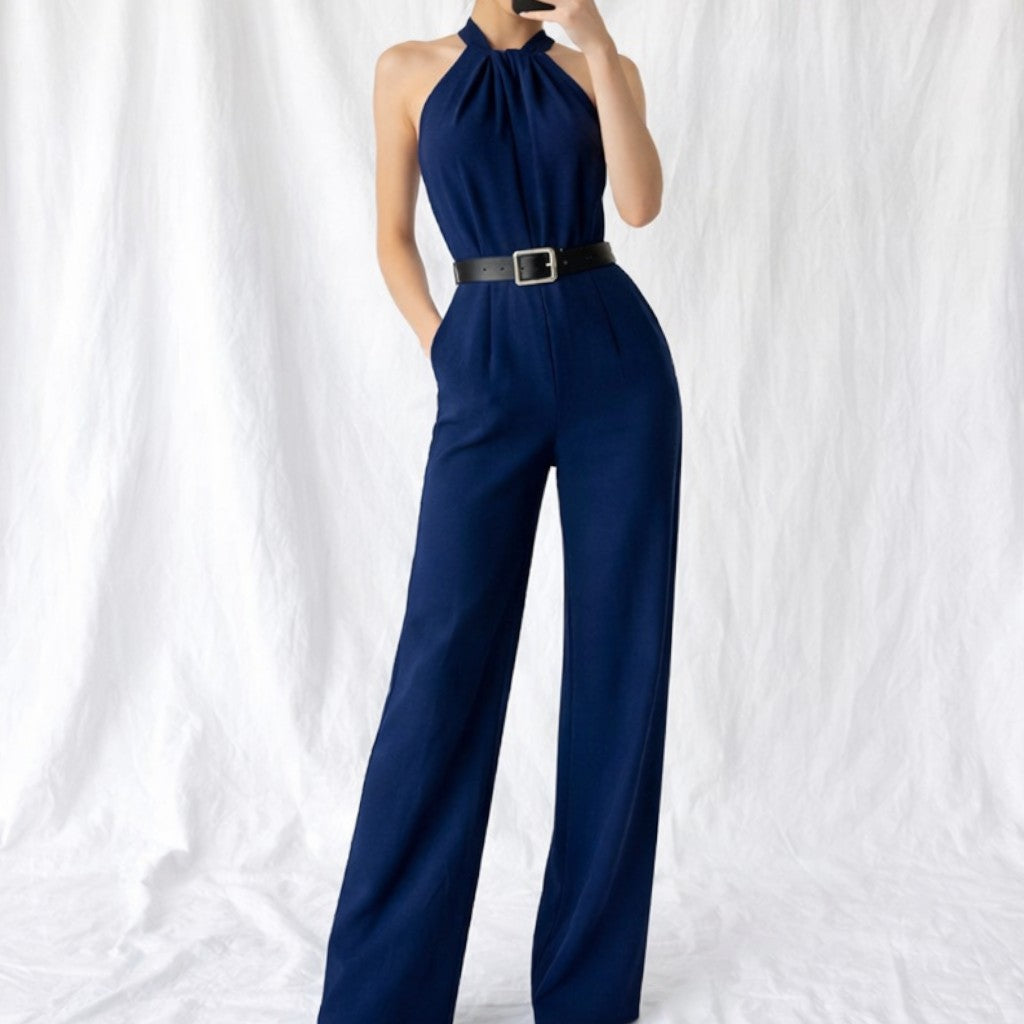 Vintage Y2K Navy Blue Sleeveless Halter Wide Leg Jumpsuit Size M