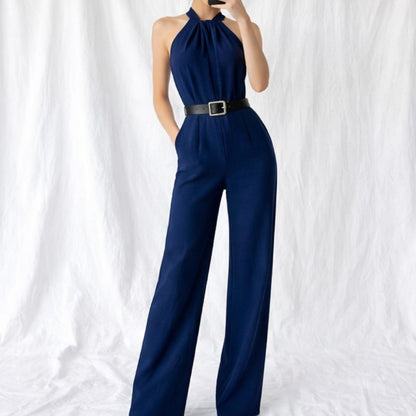 Vintage Y2K Navy Blue Sleeveless Halter Wide Leg Jumpsuit Size M