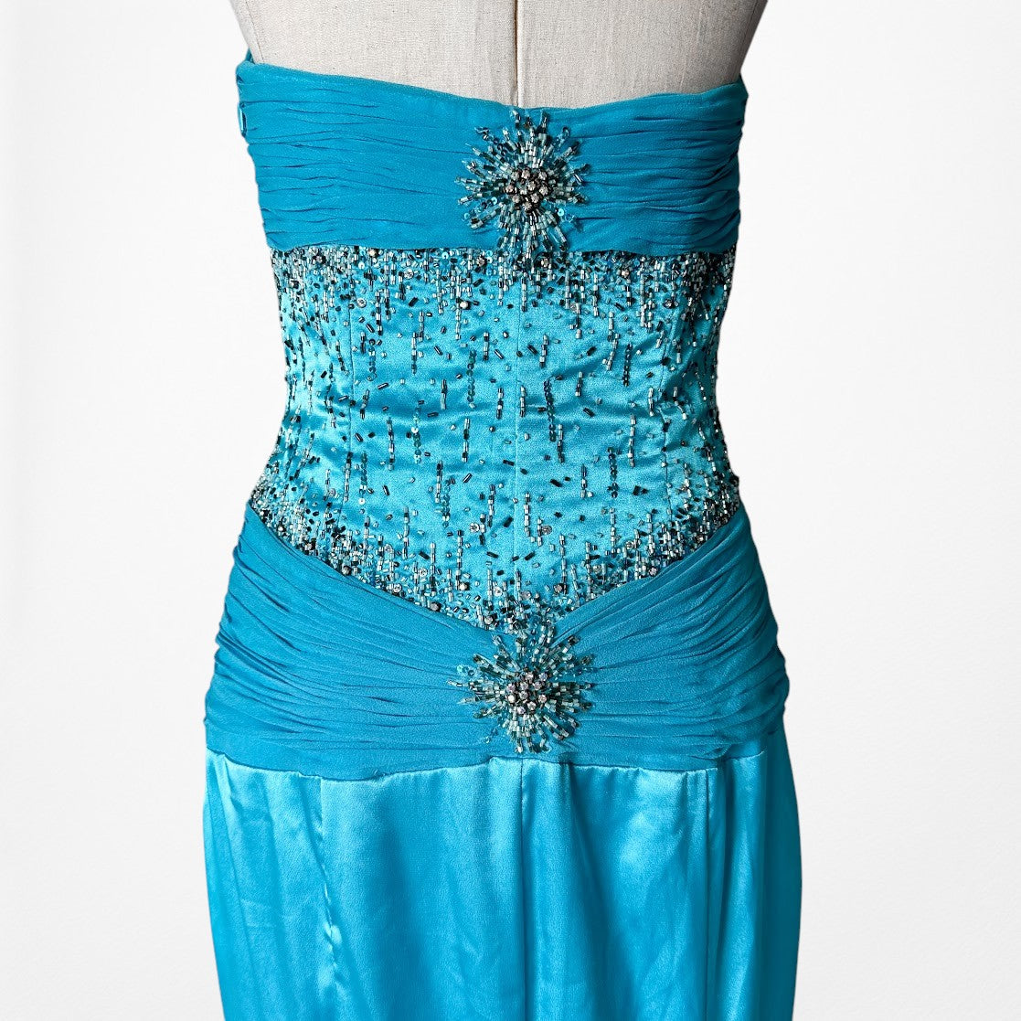 Vintage Y2K Blue Strapless Satin Pleated Flared Maxi Prom Dress W/ Shawl Size M