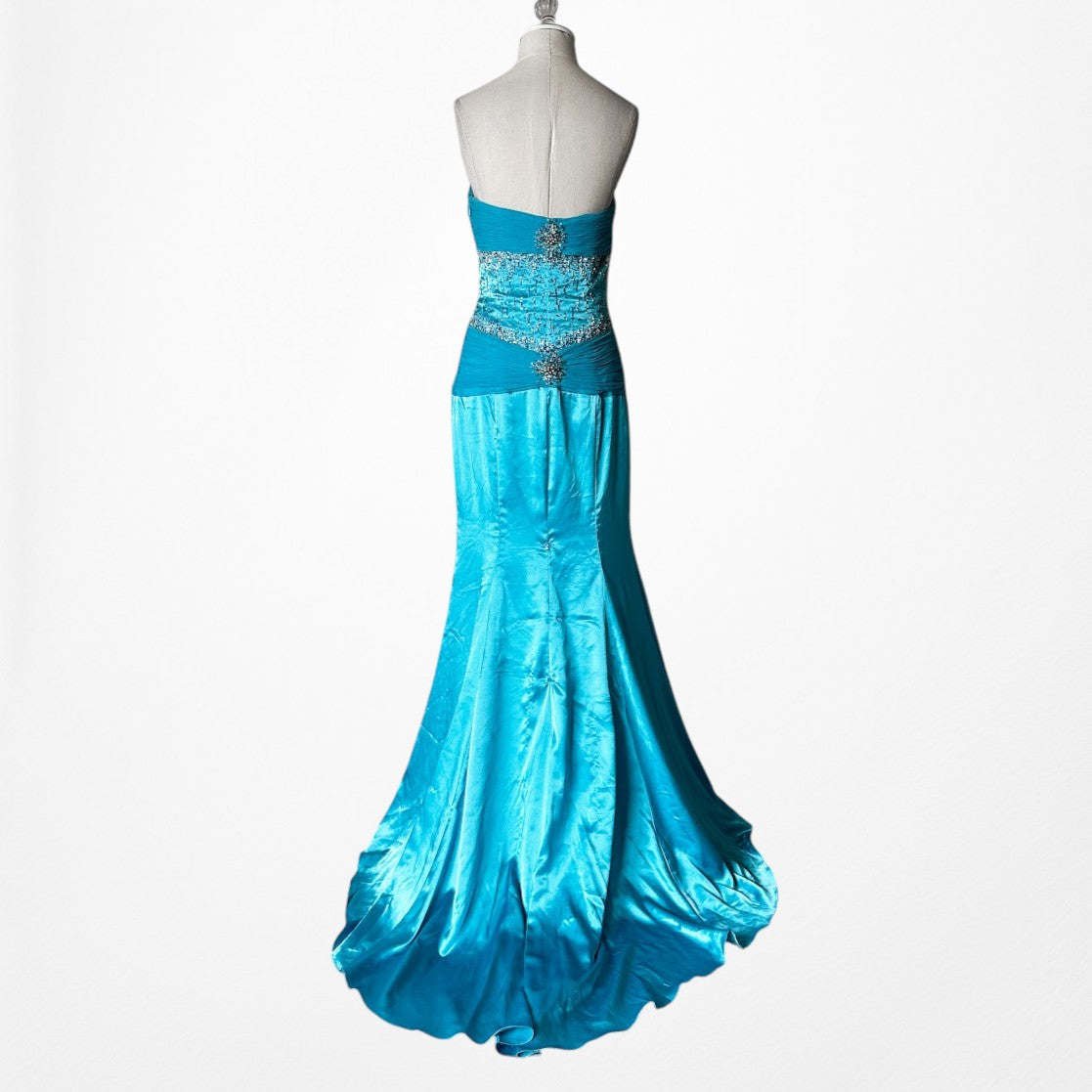 Vintage Y2K Blue Strapless Satin Pleated Flared Maxi Prom Dress W/ Shawl Size M