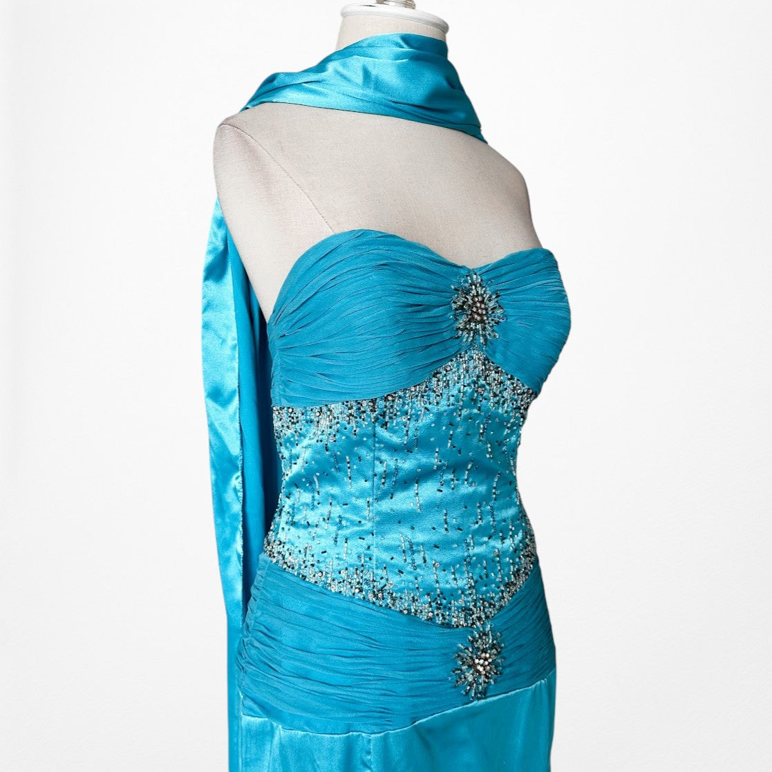 Vintage Y2K Blue Strapless Satin Pleated Flared Maxi Prom Dress W/ Shawl Size M