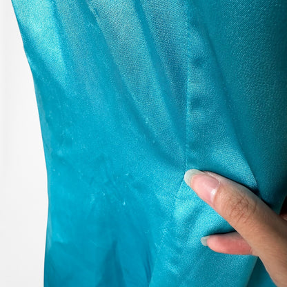 Vintage Y2K Blue Strapless Satin Pleated Flared Maxi Prom Dress W/ Shawl Size M