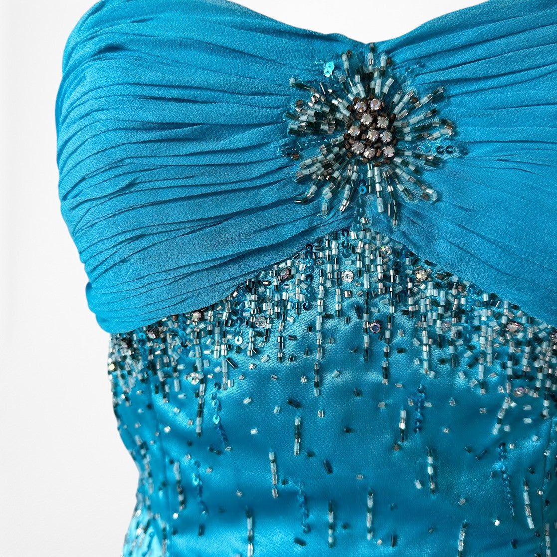 Vintage Y2K Blue Strapless Satin Pleated Flared Maxi Prom Dress W/ Shawl Size M