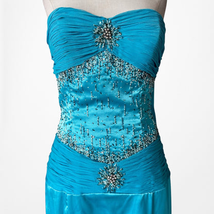 Vintage Y2K Blue Strapless Satin Pleated Flared Maxi Prom Dress W/ Shawl Size M