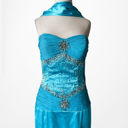 Vintage Y2K Blue Strapless Satin Pleated Flared Maxi Prom Dress W/ Shawl Size M