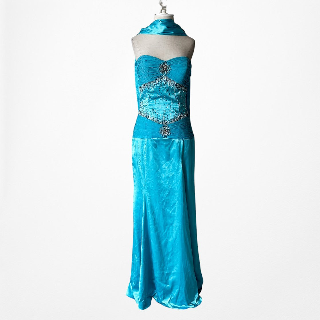 Vintage Y2K Blue Strapless Satin Pleated Flared Maxi Prom Dress W/ Shawl Size M