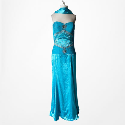Vintage Y2K Blue Strapless Satin Pleated Flared Maxi Prom Dress W/ Shawl Size M
