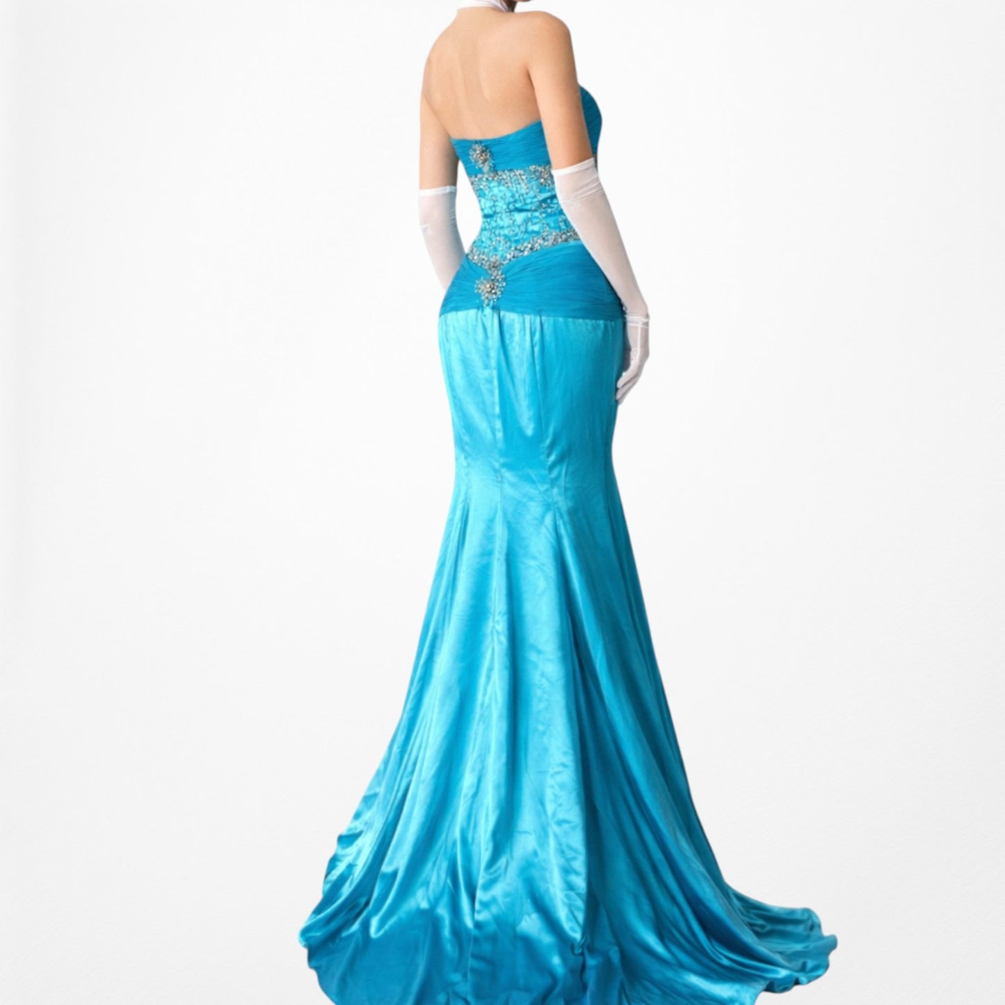 Vintage Y2K Blue Strapless Satin Pleated Flared Maxi Prom Dress W/ Shawl Size M