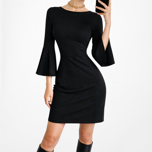 Vintage Y2K Black Long Bell Sleeves Knee Length Knit Bodycon Dress Size M