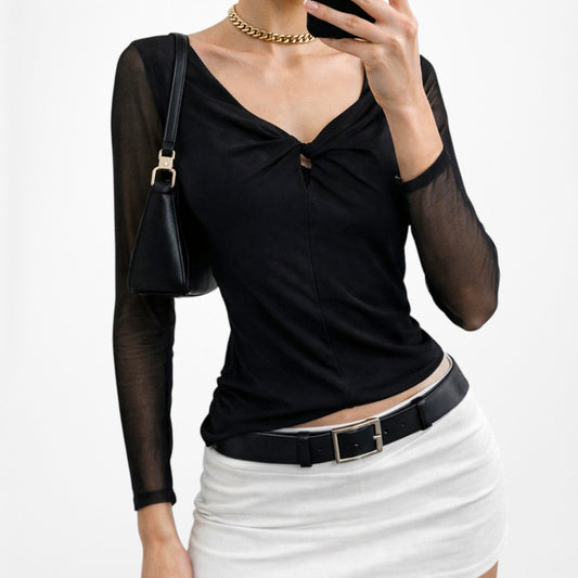 Vintage Y2K Black Knit Pullover Long Sheer Sleeve Twisted Front Fitted Top M