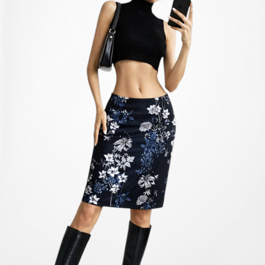 Vintage Y2K Black Floral Print Knee Length Pencil Bodycon Skirt Size S/M