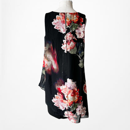 Vintage Y2K Black Red Sleeveless Asymmetric Hem Chiffon Knee Length Dress Size M