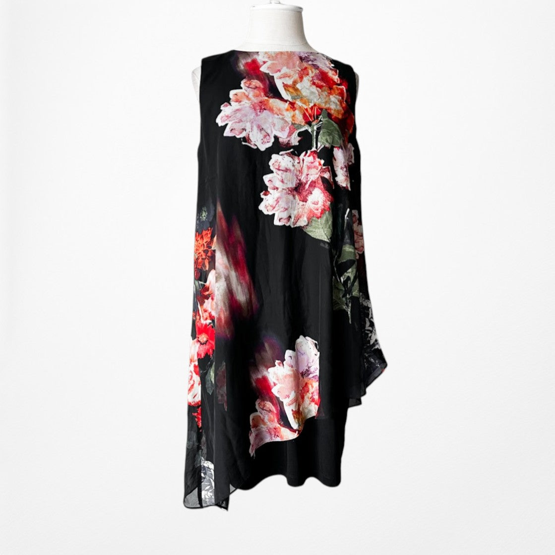 Vintage Y2K Black Red Sleeveless Asymmetric Hem Chiffon Knee Length Dress Size M