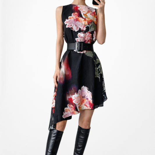 Vintage Y2K Black Red Sleeveless Asymmetric Hem Chiffon Knee Length Dress Size M