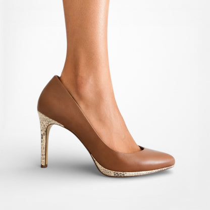 Vintage Y2K Brown Faux Leather Round Toe Snake Print Stiletto Pump Heels Size 6