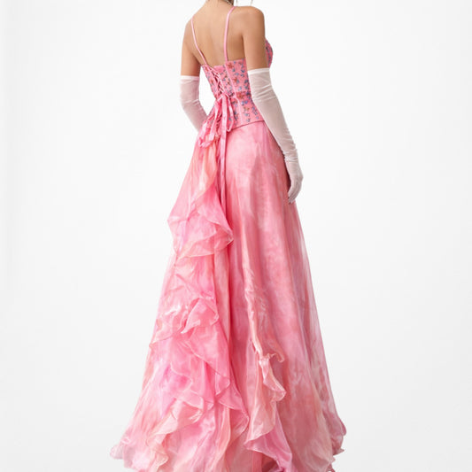 Vintage Y2K Pink Strapless Corset Beaded Ruffle Organza Maxi Prom Dress XS/S