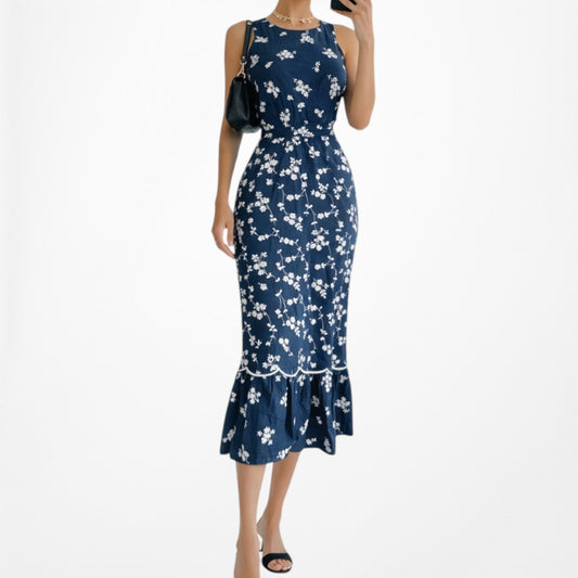 Vintage Y2K 90s Navy Blue Floral Ruffle Hem Sleeveless Midi Sundress Size M/L