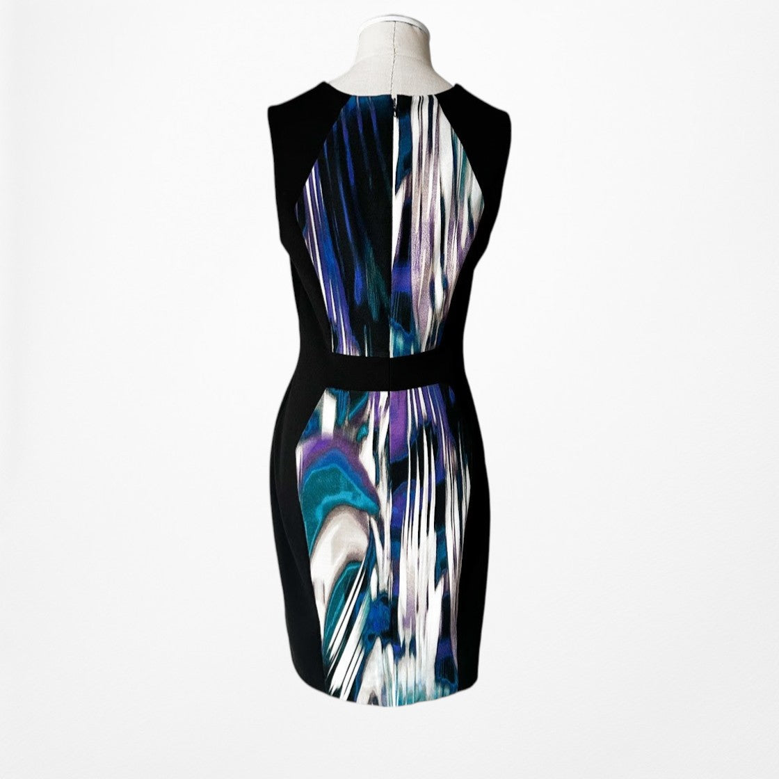 Vintage Y2K 90s Black Blue Abstract Print Bodycon Knit Knee Length Dress Size M