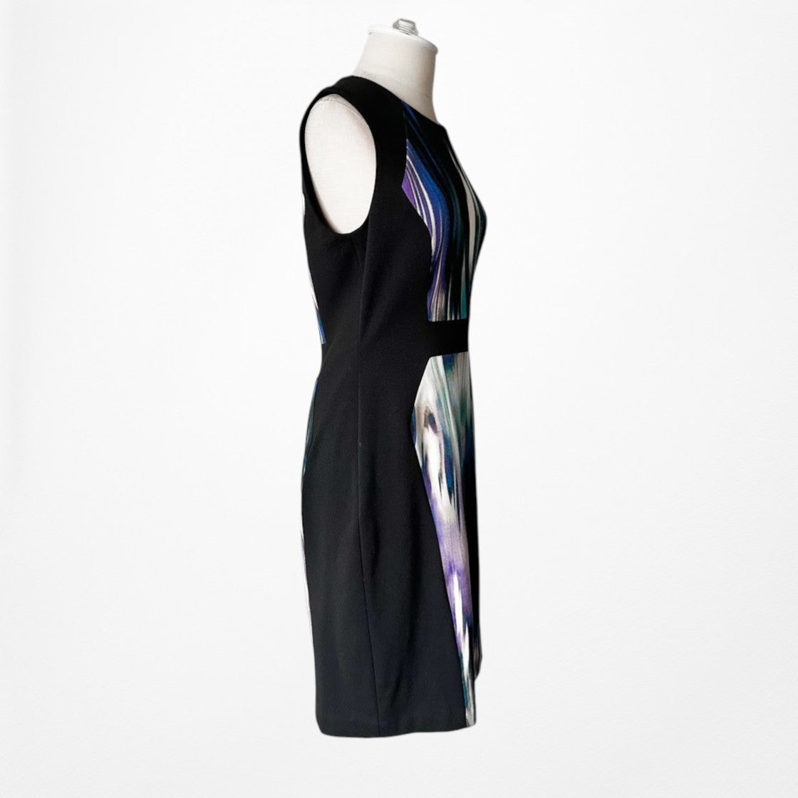 Vintage Y2K 90s Black Blue Abstract Print Bodycon Knit Knee Length Dress Size M