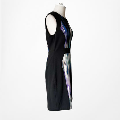 Vintage Y2K 90s Black Blue Abstract Print Bodycon Knit Knee Length Dress Size M