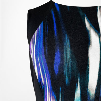 Vintage Y2K 90s Black Blue Abstract Print Bodycon Knit Knee Length Dress Size M