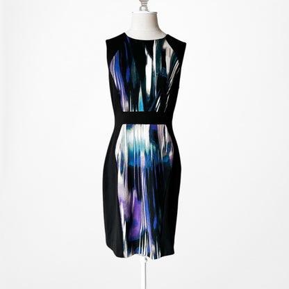 Vintage Y2K 90s Black Blue Abstract Print Bodycon Knit Knee Length Dress Size M