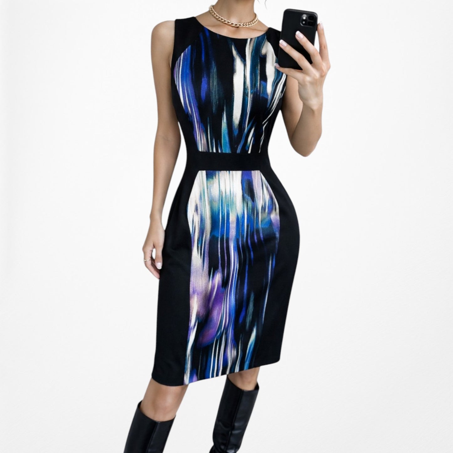 Vintage Y2K 90s Black Blue Abstract Print Bodycon Knit Knee Length Dress Size M