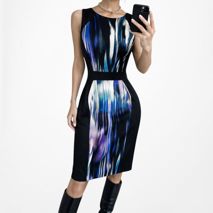 Vintage Y2K 90s Black Blue Abstract Print Bodycon Knit Knee Length Dress Size M