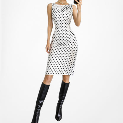 Vintage Y2K 90s Black White Polka Dot Retro Knee Length Bodycon Dress Size M