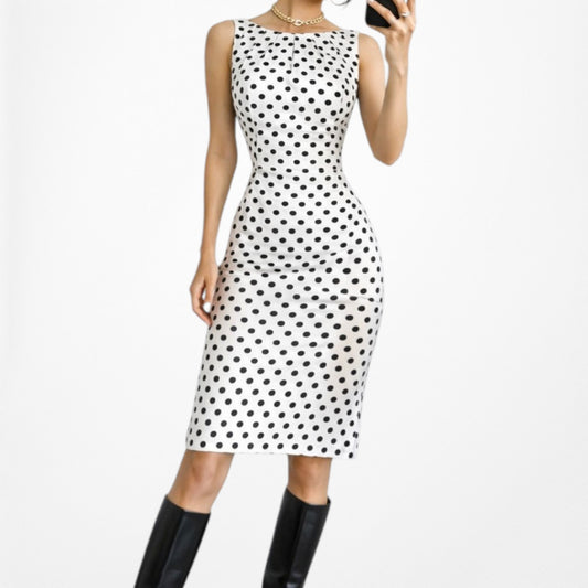 Vintage Y2K 90s Black White Polka Dot Retro Knee Length Bodycon Dress Size M