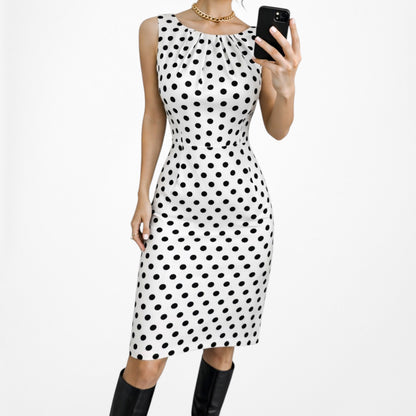 Vintage Y2K 90s Black White Polka Dot Retro Knee Length Bodycon Dress Size M