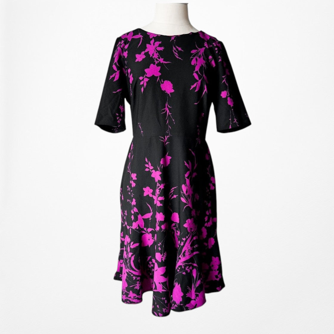 Vintage Y2K 90s Black Purple 3/4 Sleeve Flared A-Line Knee Length Dress Size M