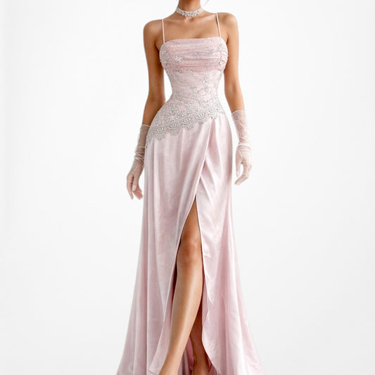 Vintage Y2K Pastel Pink Embroidered Mesh Wrap Hem Satin Maxi Prom Dress Size S