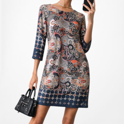 Vintage Y2K Blue Gray Paisley Boho Knit Floral Print Shift Retro Mod Dress M